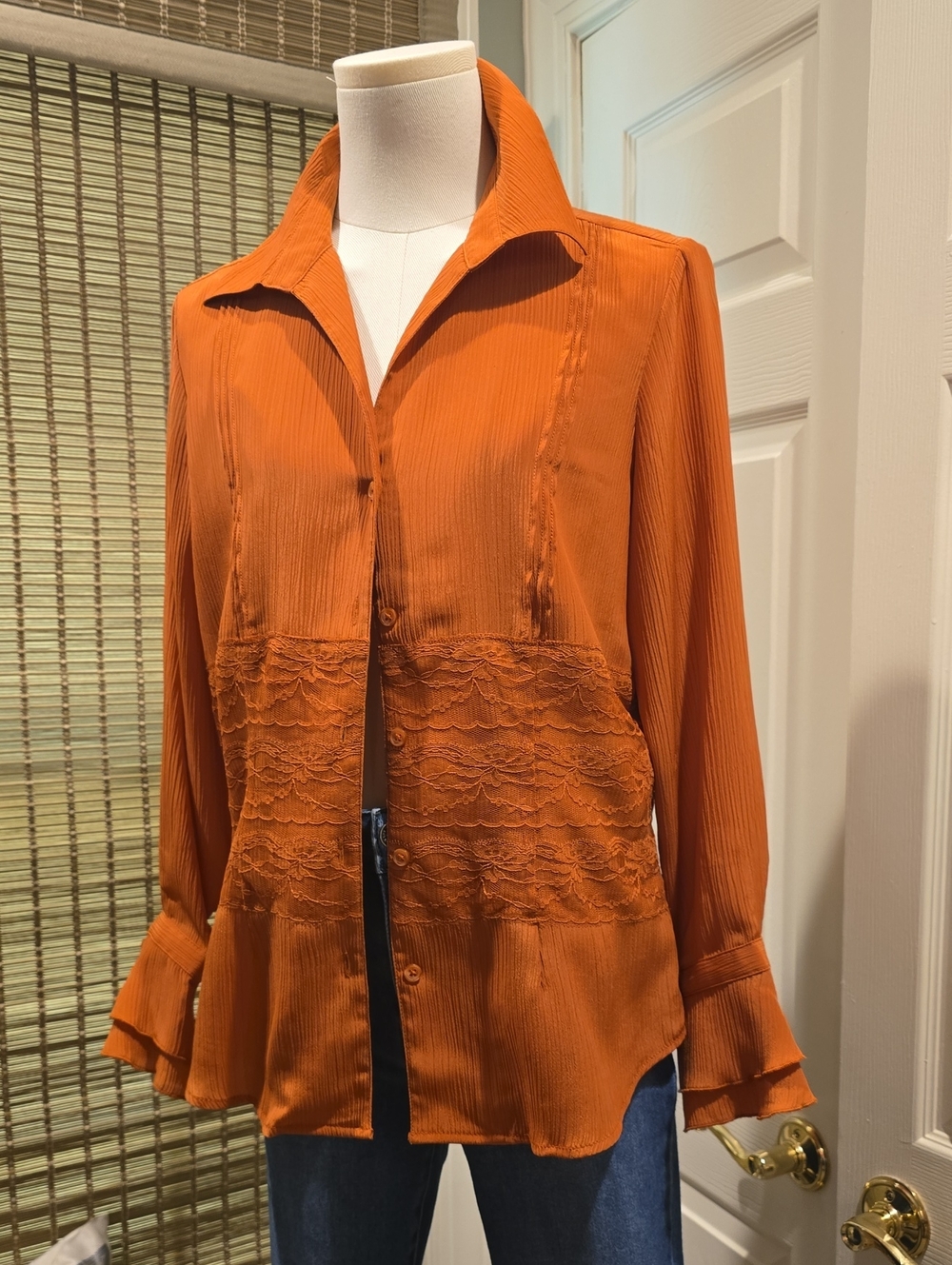 Coldwater Creek Rust Orange Lace-Panel Button Front Shirt
